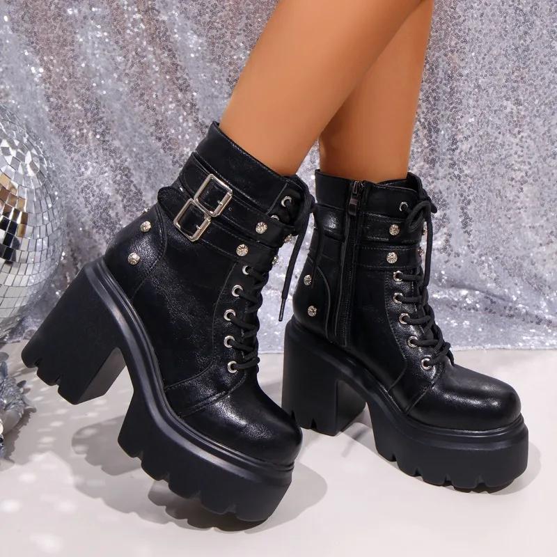 Dámské kozačky Módní kožené vysoké kozačky Klasické kulaté špičky Silná podrážka Vysoké podpatky Nepromokavé platformové kozačky Bottines Femmes