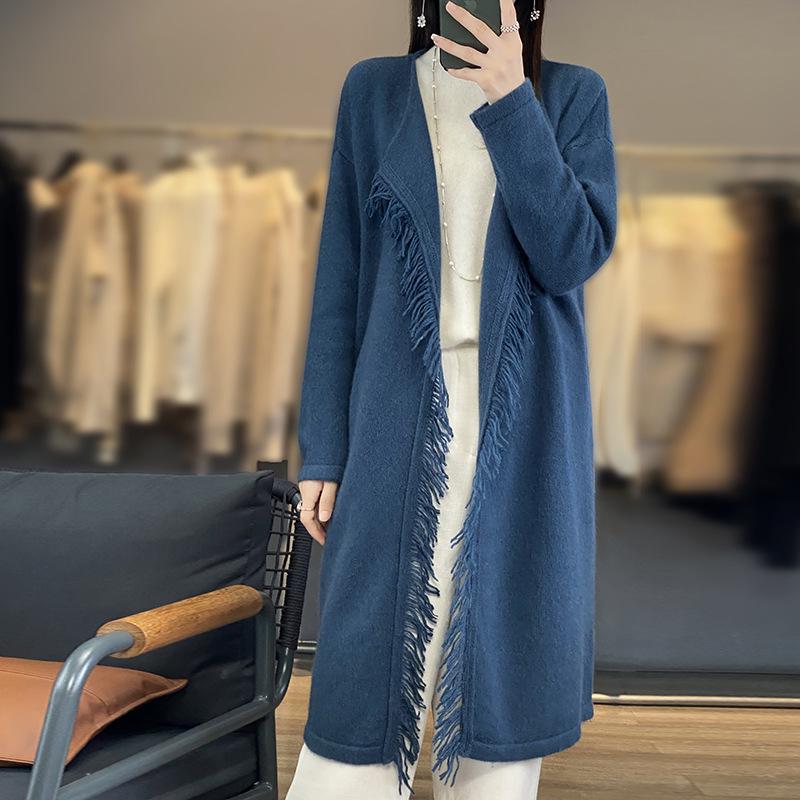 

Женский длинный кардиган из шерсти с V-образным вырезом и кисточками - Модное повседневное пальто на осень/зиму L (135-160 jin)