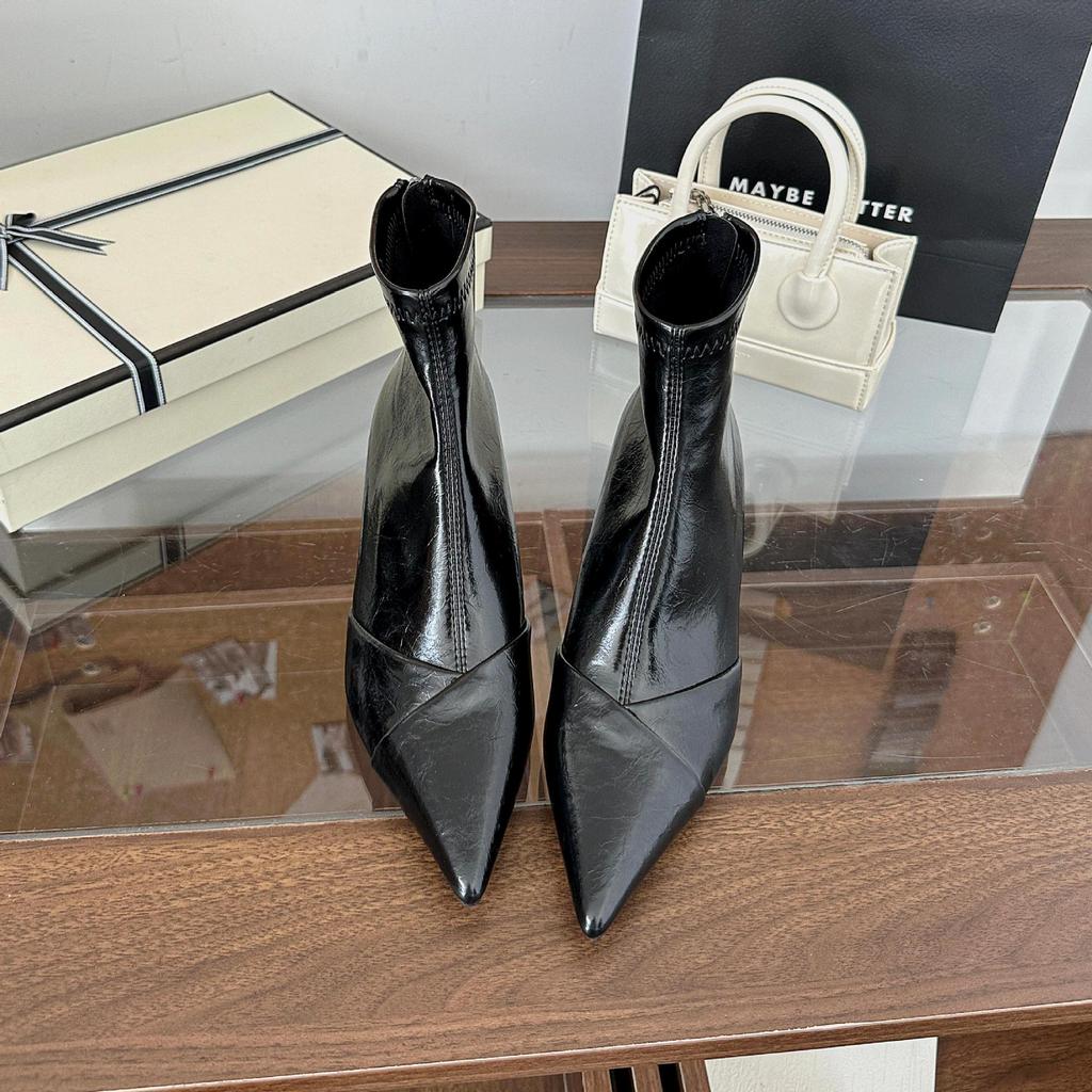 2025 Autumn and Winter New Pointed Splicing High-heeled Short Boots Women's Sexy Thin Heels Commuting Thin Boots Fashion Boots Women's Trend