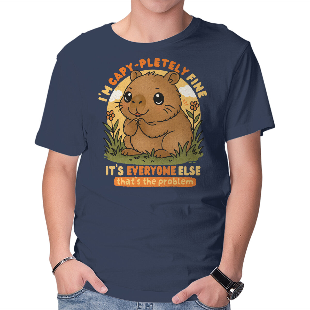 Unisex Crew Neck T-Shirt I’m Capy-pletely Fine Graphic Short Sleeve Casual Tee XS