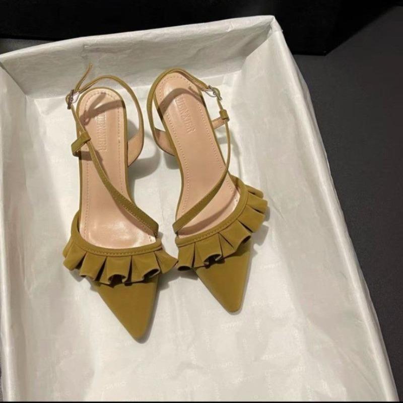 Fashion Mid Heels Women Sandals Pointed Toe Pleated Shoes Summer Buckle Slippers Designer Shallow Pumps 2025 New Fashion Dress Sandalias