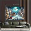 1 piece of 2D background fabric vibrant polyester background fabric of a snowy cabin and Santa Claus hanging fabricZL