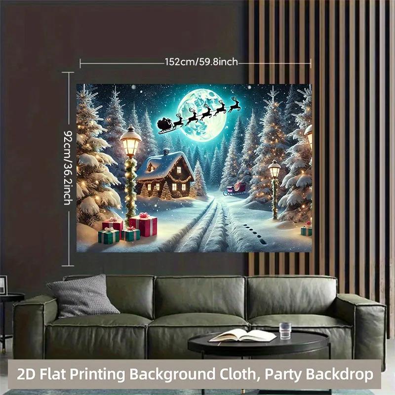 1 piece of 2D background fabric vibrant polyester background fabric of a snowy cabin and Santa Claus hanging fabricZL