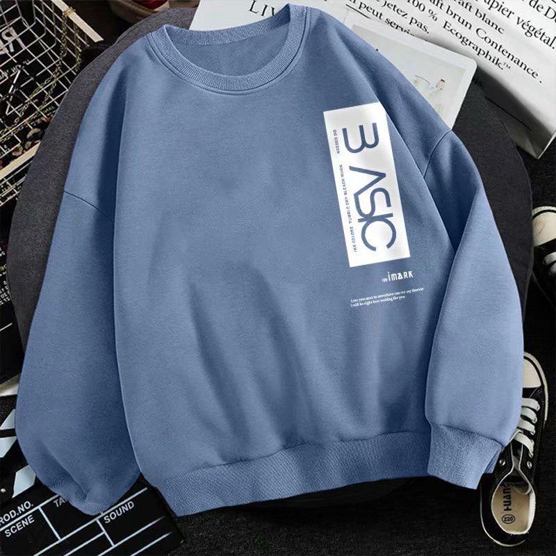 Men's Trendy Loose-Fit Hoodless Sweatshirt - Hong Kong Style, Fleece-Lined, Spring & Autumn, Round Neck, Couple's Pullover.