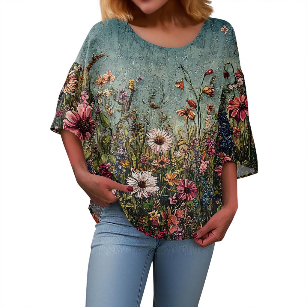 Summer Tops For Women Cute V Neck 3/4 Sleeve Blouses Floral Print Top Casual Shirts