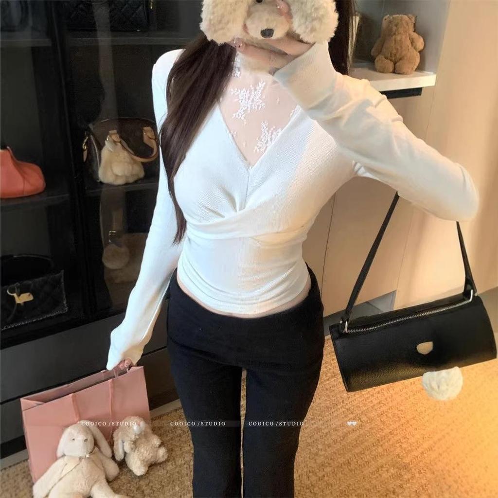 Women's Slimming French Lace Knot V-Neck Long-Sleeve Top for Fall/Winter