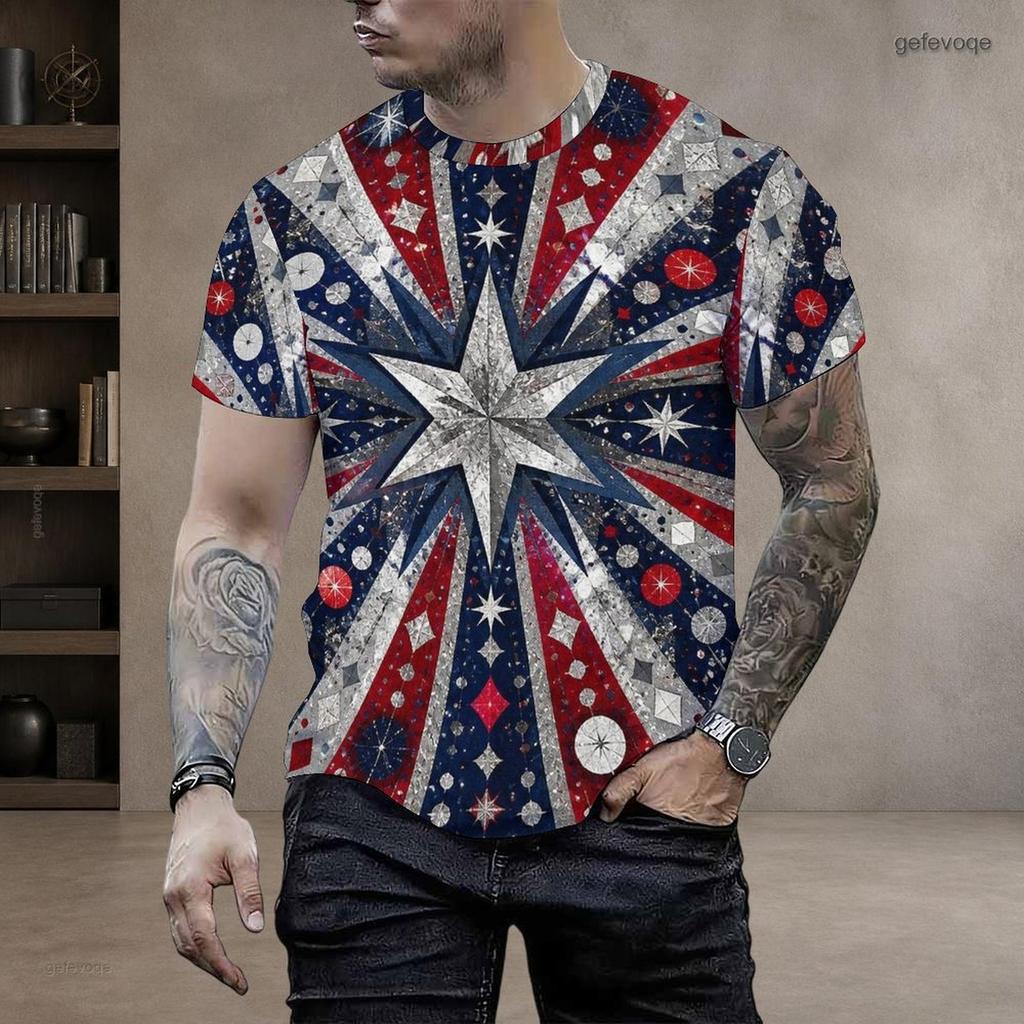 Men Plus Size Round Neck Short Sleeve Blue Yellow Tropical Leaf Printed T Shirt