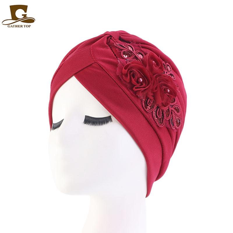 New Flower Decoration Turban Solid Color For Women Fashion Hair Wear Head Wrap Ladies Headwear Cancer Hats India Cap Bandana
