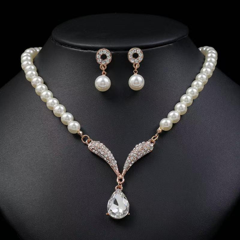 Korean Chic Pearl Necklace & Earrings Set - Women's Fashion Alloy Plated Accessories