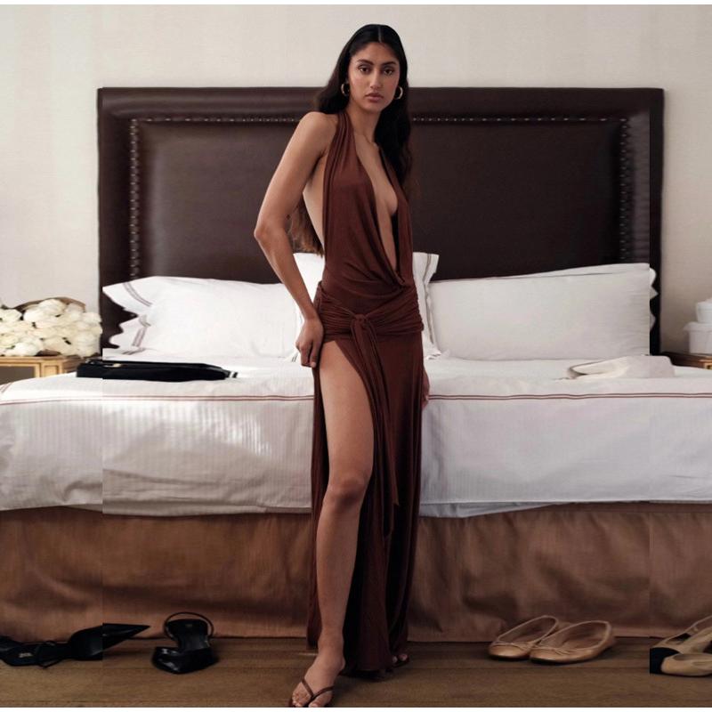 Sexy Halter Brown Long Dress Women Slim Backless Pleat Knot High Slit Draped Dresses Female 2025 Summer Lady Beach Party Dress