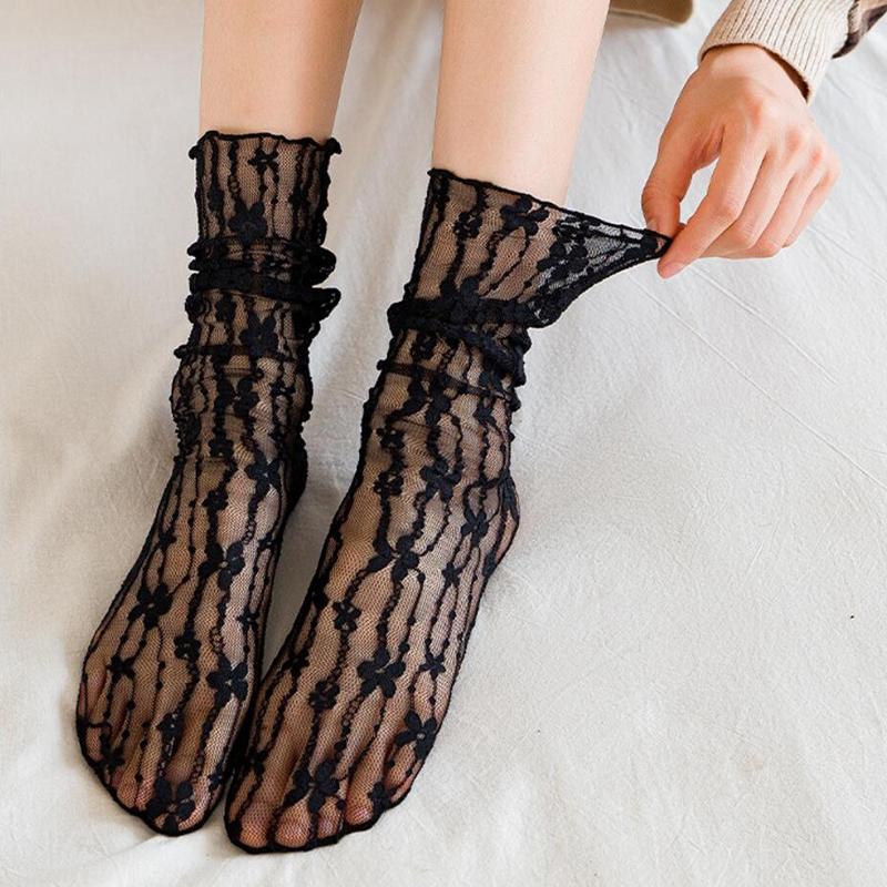 Women Sexy Lace Flower Fashion Ultra-thin Transparent Summer Japan Style Hollow Mesh Crew Socks Harajuku Retro Long Kawaii Socks