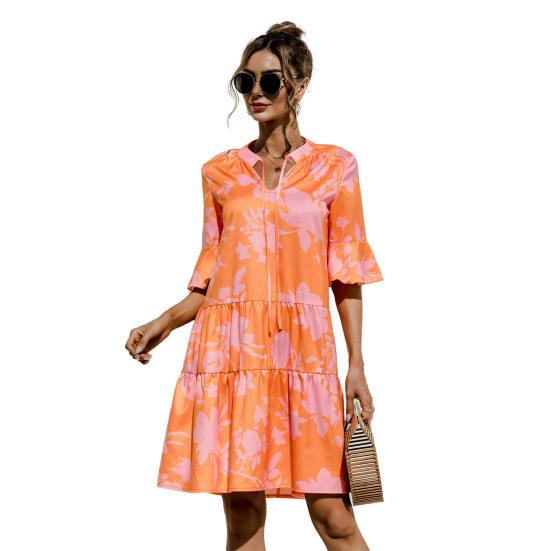 

Женское летнее мини-платье с коротким рукавом и V-образным вырезом, плиссированное платье с принтом в стиле бохо, короткое платье-трапеция, пляжный многоярусный струящийся сарафан S оранжевый
