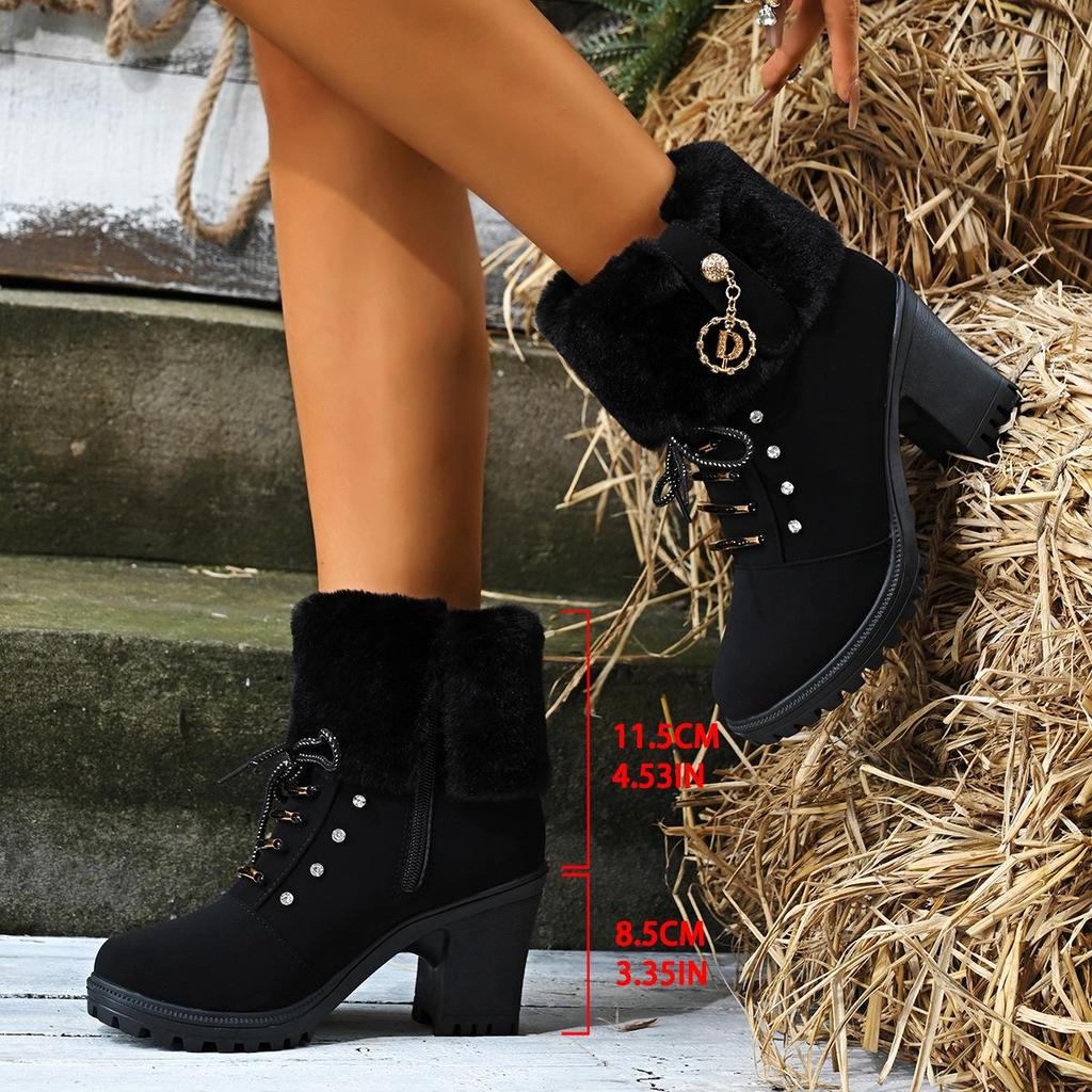 Plus Size Rhinestone Martin Boots 2024: High Heel, Warm Cotton, Side Zipper Women's Fashion Boots for Autumn/Winter