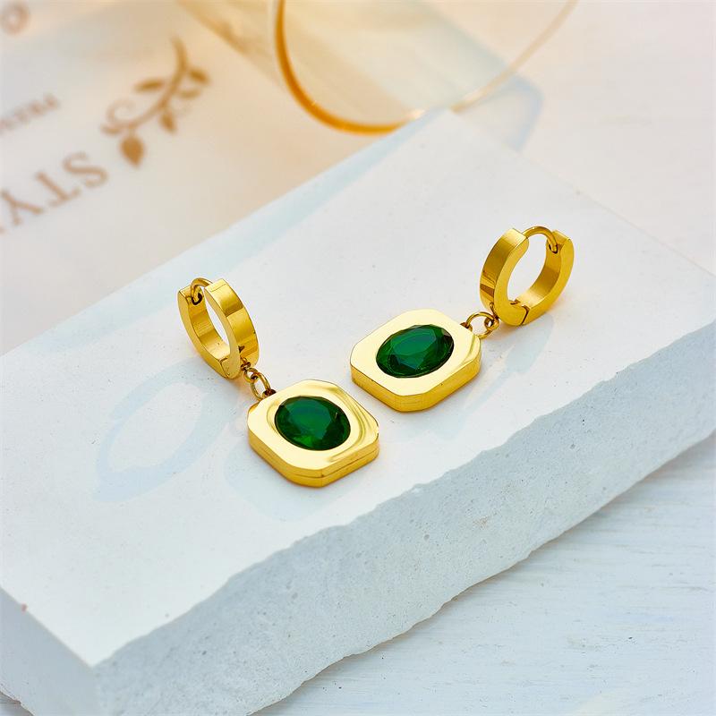 Gold Plated Green Stone Drop Earrings with Square Pendant