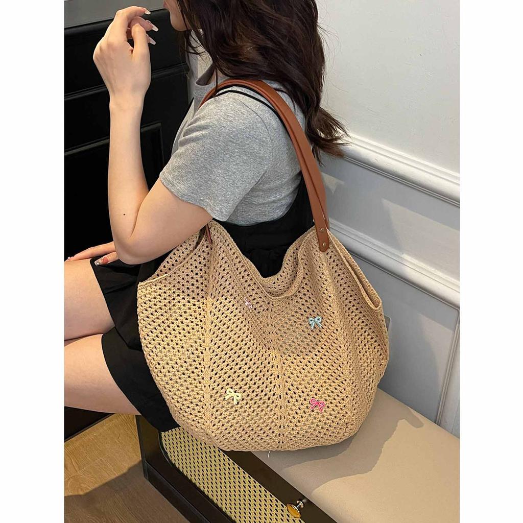 Summer bow knitted woven bag female 2026 new single shoulder shopping bag leisure vacati beach bag tote bag