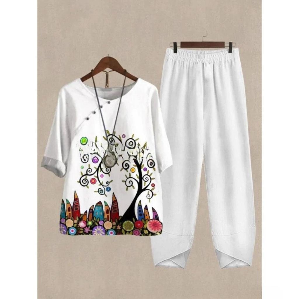 Women's Loose Fit Floral Printed Two Piece Outfit Half Sleeve T-Shirt Elastic Waist Pantsuit