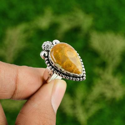 Gümüş Fosilli Mercan Taşı Düğün Bezel El Yapımı Zanaatkar Doğum Günü Yüzüğü
