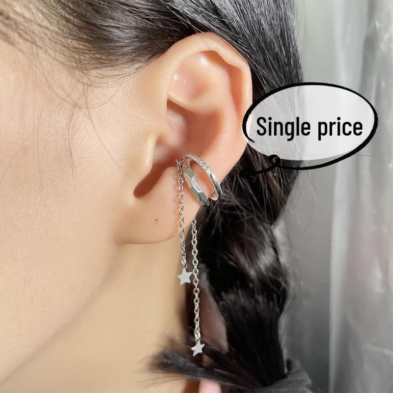 Non-Pierced Double-Layer Tassel Ear Cuff with Long Chain and Trendy Hong Kong Style