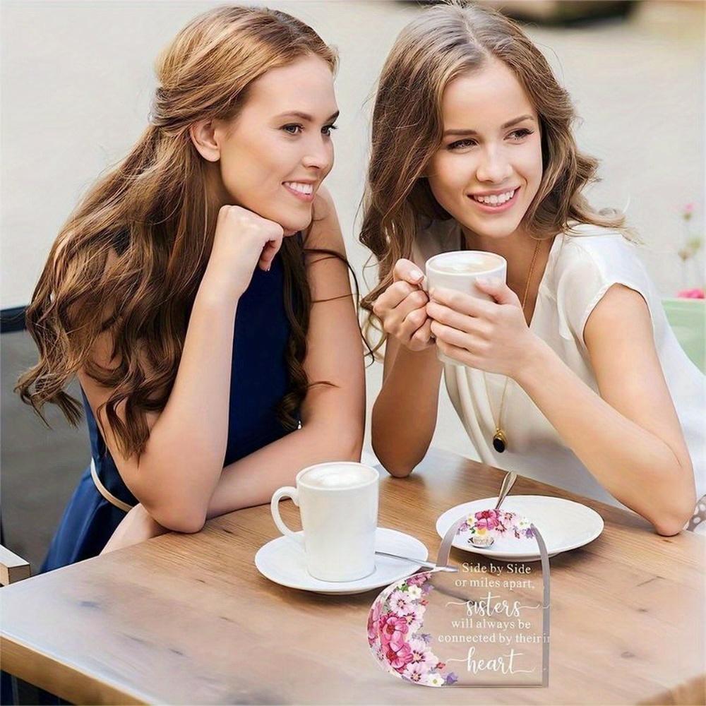"Sisters Connected by Heart" Acrylic Plaque. Inspiring keepsake paperweight & table centerpiece.