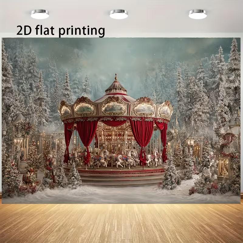 

2D Festive Carousel Backdrop Snow Covered Pine Trees Xmas Party Background Cloth 47.2x31.5inch/120*80cm