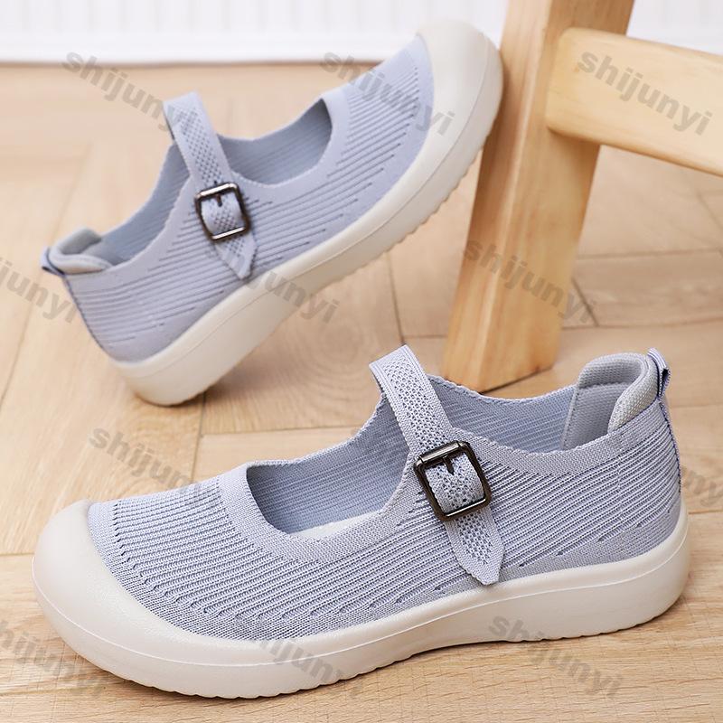 Fashion Women Shoes 2025 Spring Comfortable Soft Sole Buckle Strap Mothers Shoes Breathable Mesh Non Slip Women Fly Weave Casual Shoes