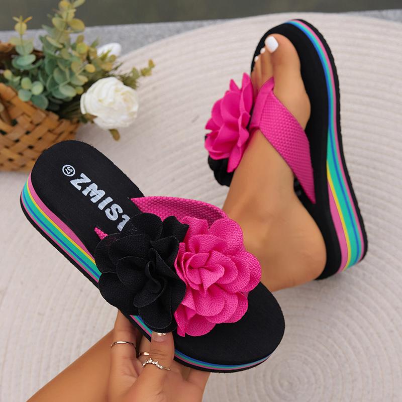 Fashion Contrast Color Flower Wedge Sandals for Women Summer Thick Rainbow Bottom Beach Slippers Woman Lightweight Platform Flip Flops