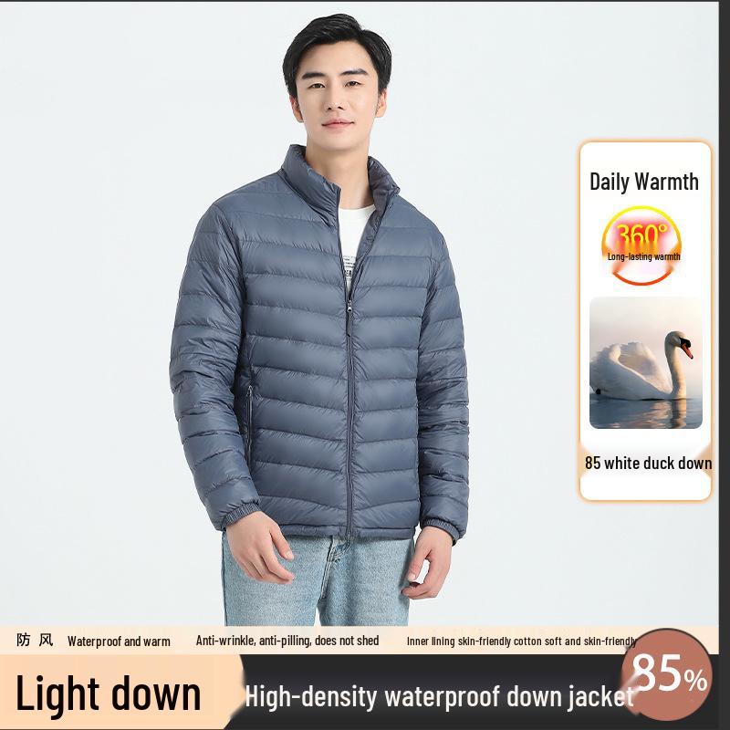 Men's Lightweight Stand Collar Down Jacket - Warm Short Ribbed Style for Autumn/Winter.