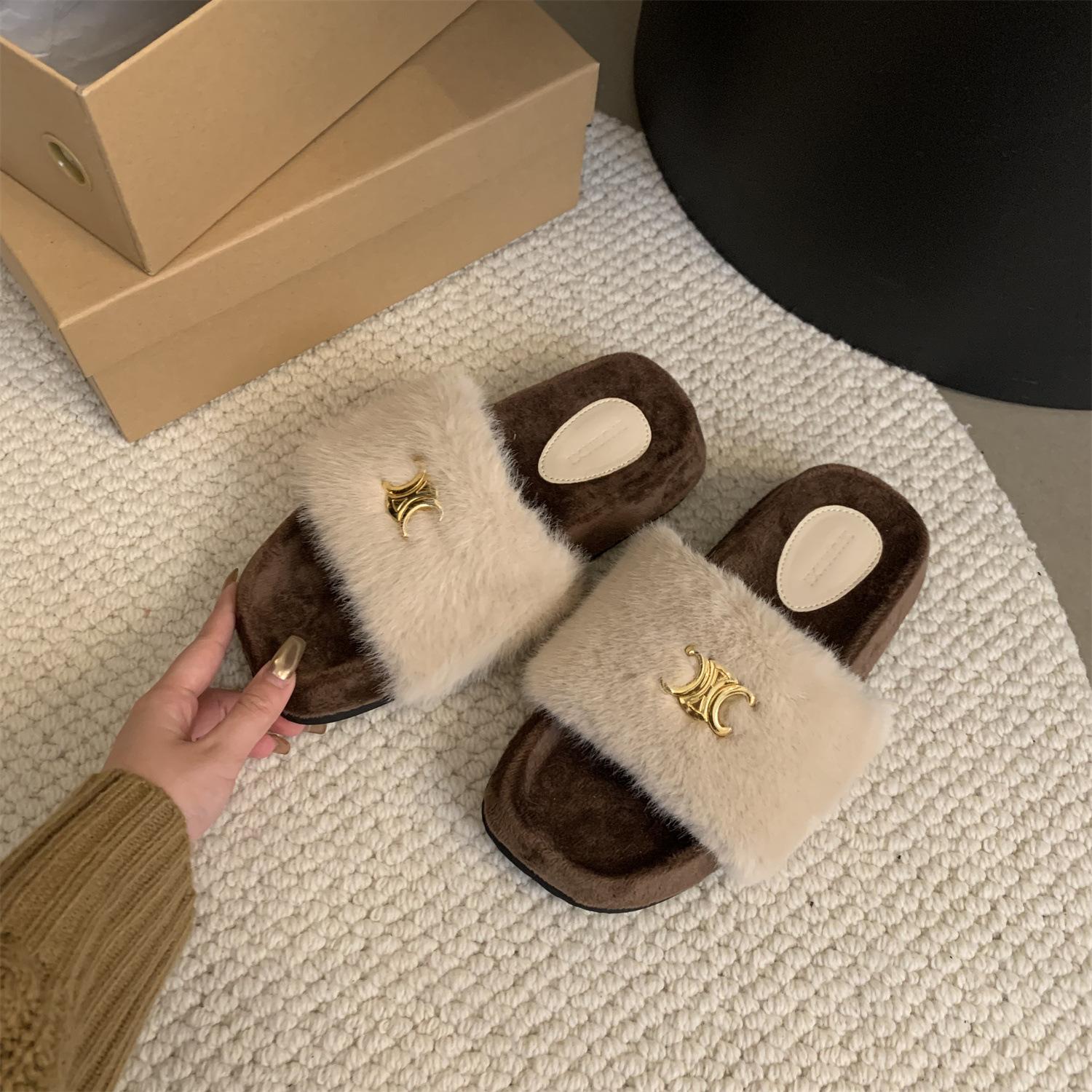 

Ретро-толстая подошва, маленькие ароматные плюшевые хлопковые тапочки, женская обувь 2024 года, новая зимняя одежда, обувь Mao Mao 35 абрикосовый