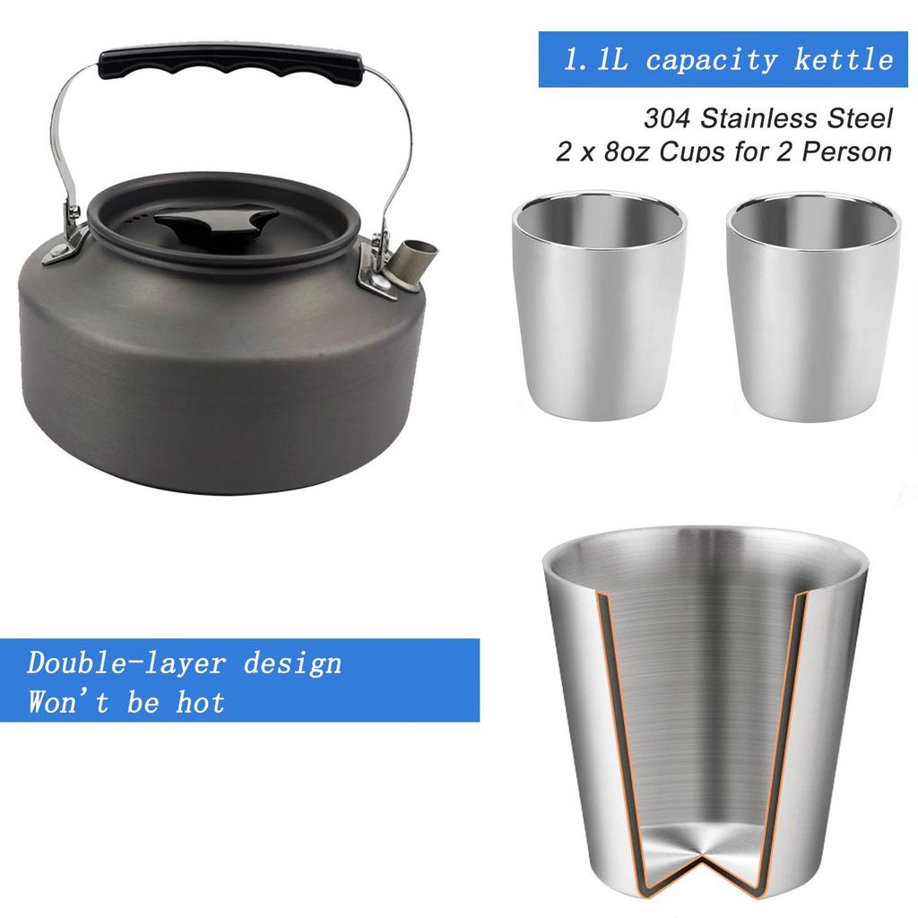 Portable 2-3 Person Outdoor Cookware & Teapot Set for Camping