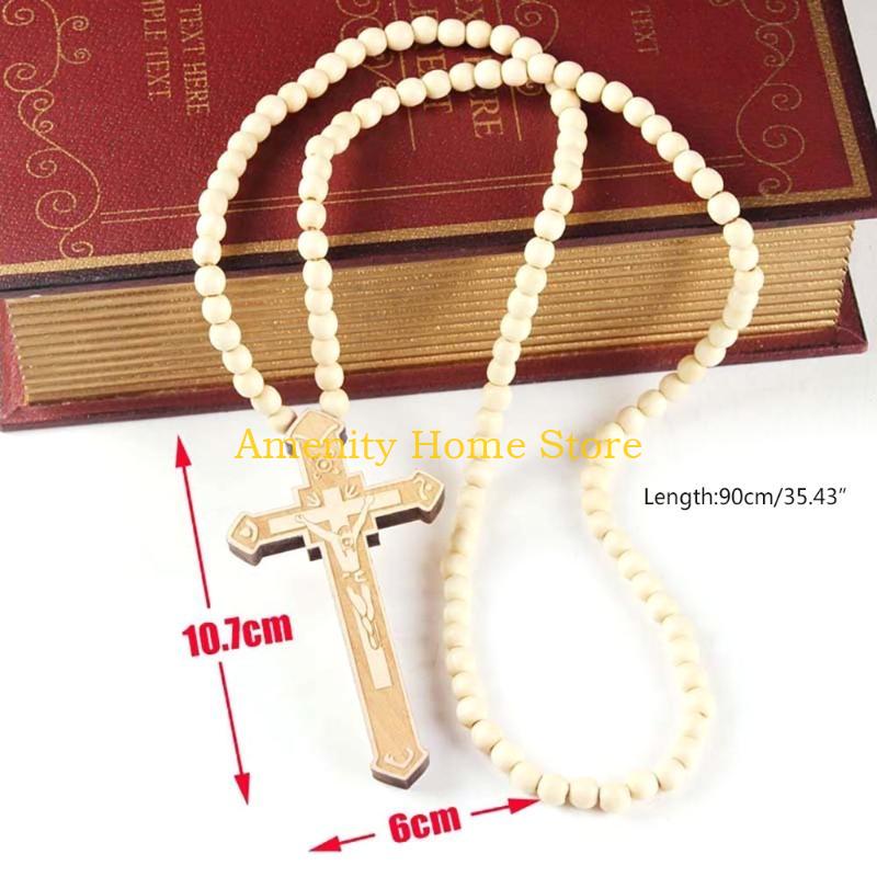 F26C Catholic for Cross Necklace with Wooden Beads Rosary Religious Wear Jesus Carved Crucifix Pendant Chain Christian Prayer