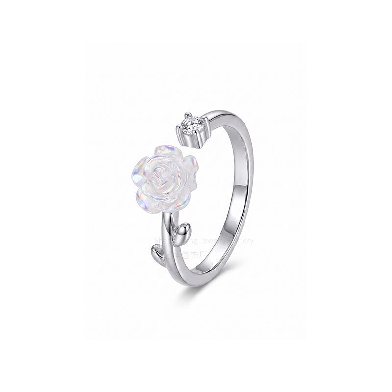 Camellia Rose Diamond Open Ring: Transparent Floral Design for Index Finger, Light Luxury Feel