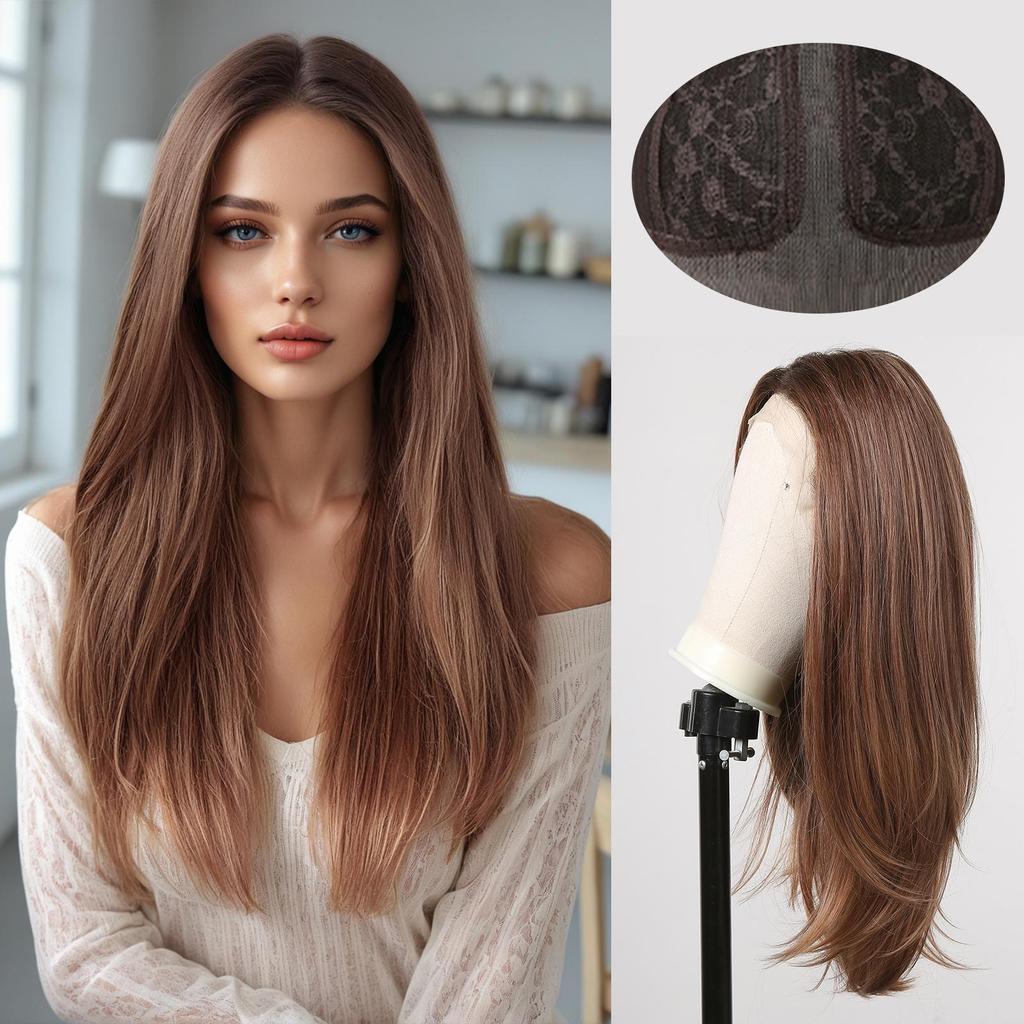 ALAN EATON Lace Wig Orange Brown Long Straight Wigs Synthetic Wigs for Women Hair Party Daily High Density Heat Resistant Fiber