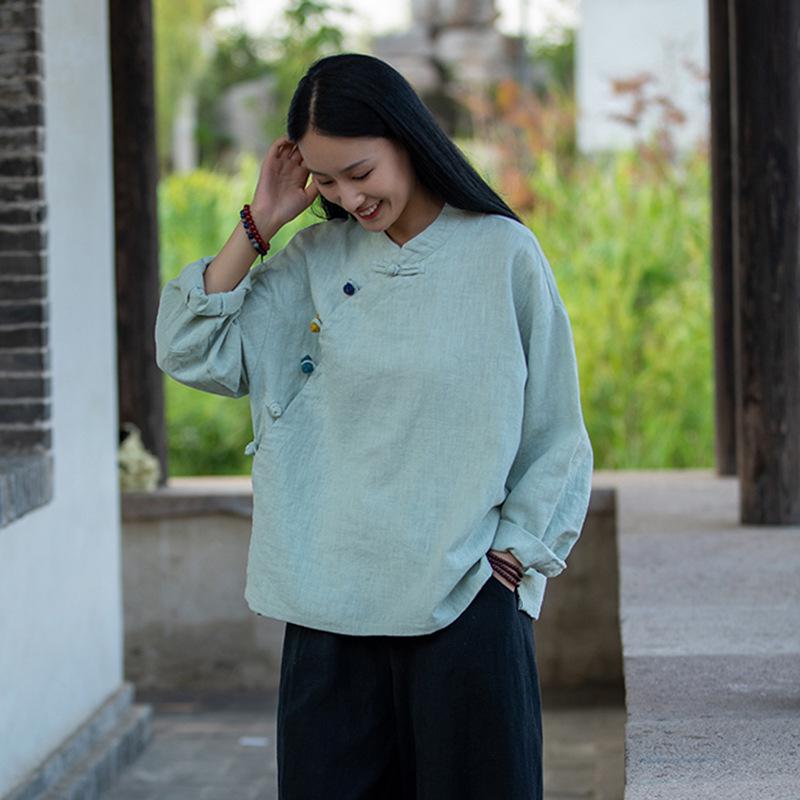 Artistic Retro Chinese Style Women's Ramie Frog Button Long Sleeve Shirt for Spring and Autumn Tea Ceremonies
