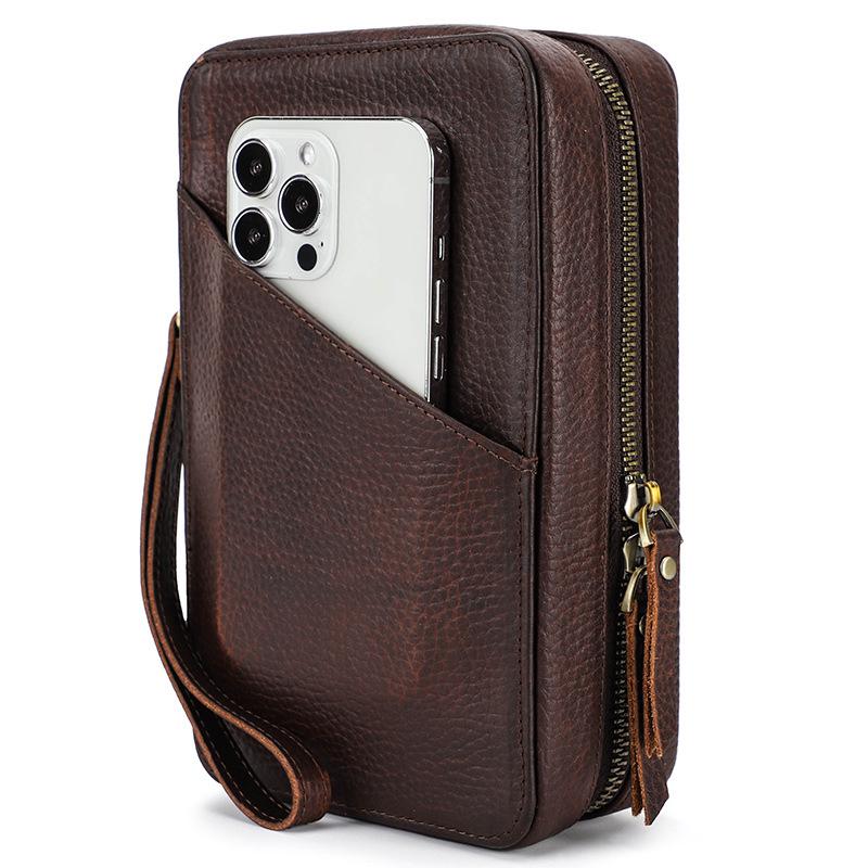 

Vintage Crazy Horse Leather Clutch Bag with Apple Data Cable, Bluetooth Earphone Storage, Wrist Strap, and Mobile Phone ID Card Holder. кофейный