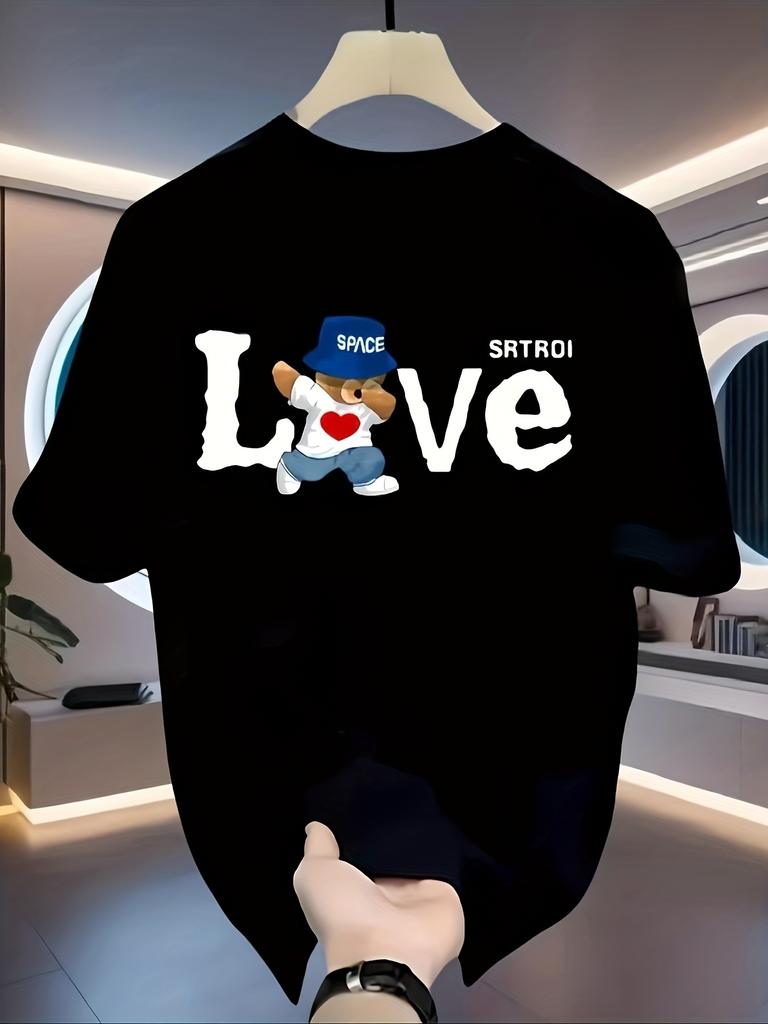 Cartoon Bear Love Letter Graphic Tee for Unisex Breathable 100 Cotton Perfect for Summer Cute Streetwear Casual Style