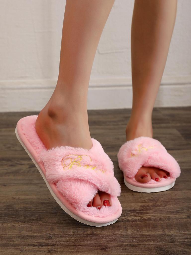 Women's Embroidered Plush Open-Toe Non-Slip Slippers for Indoor Use - Perfect for Spring/Autumn