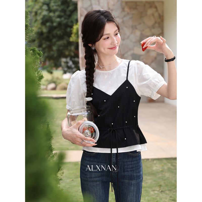 Women s Faux Two-Piece Striped V-Neck Top L