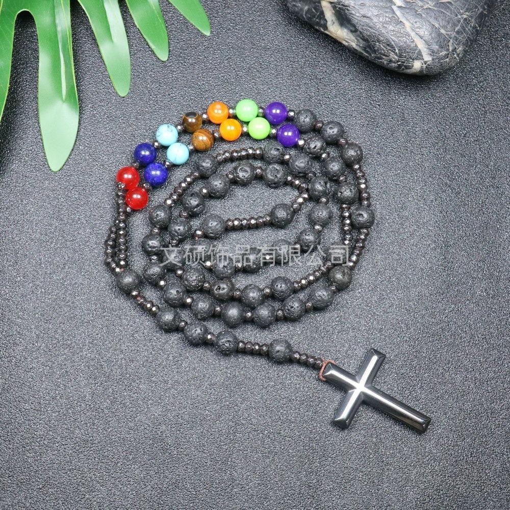 Collier pendentif croix en pierre naturelle, Croix en pierre d'œil de tigre et fer à bille chapelet collier pour homme