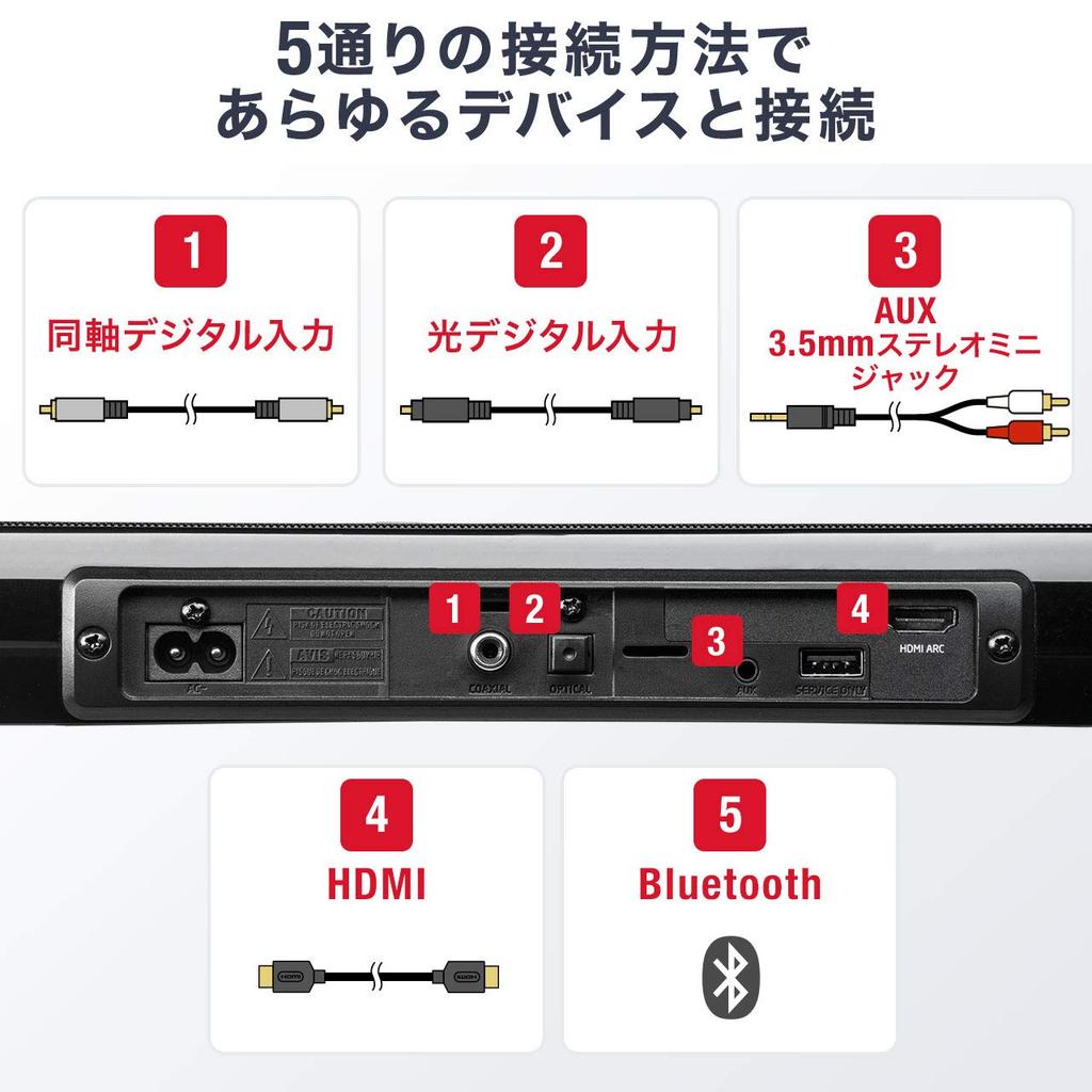 Sanwa Direct 100W Soundbar [4.5cm Height] HDMIBluetoothOptical Digital3.5mmRCA with Remote Control, ARC Compatible, 2 Subwoofers, TV Speakers