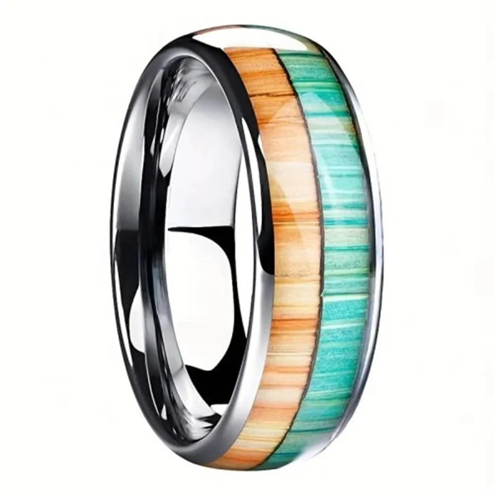 New 8MM Green Stainless Steel Wood Inlay Protein Abalone Shell Steel Ring Women Wedding Party Jewelry Anniversary For Gift