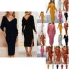 Elegant Women Winter Deep V-neck Knitted Sweater Dress With Cozy Long Sleeves