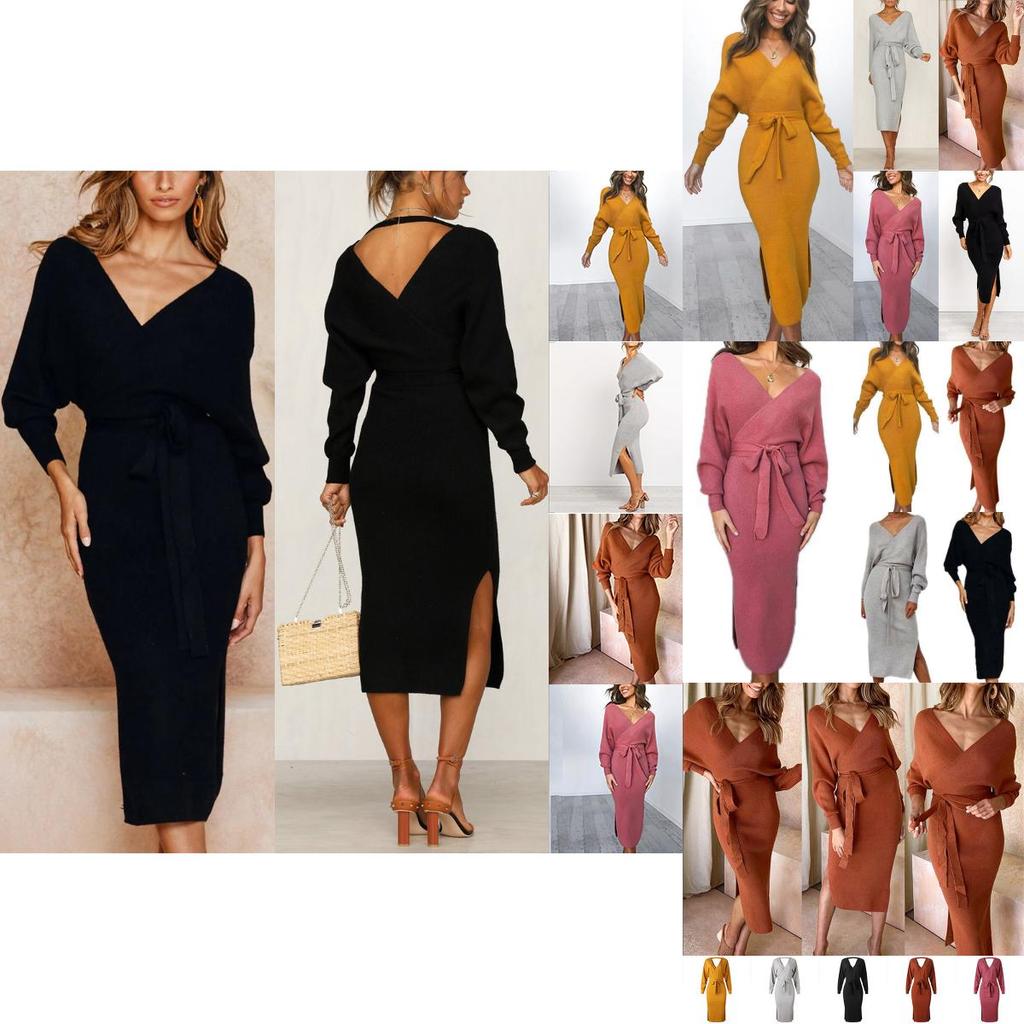 Elegant Women Winter Deep V-neck Knitted Sweater Dress With Cozy Long Sleeves