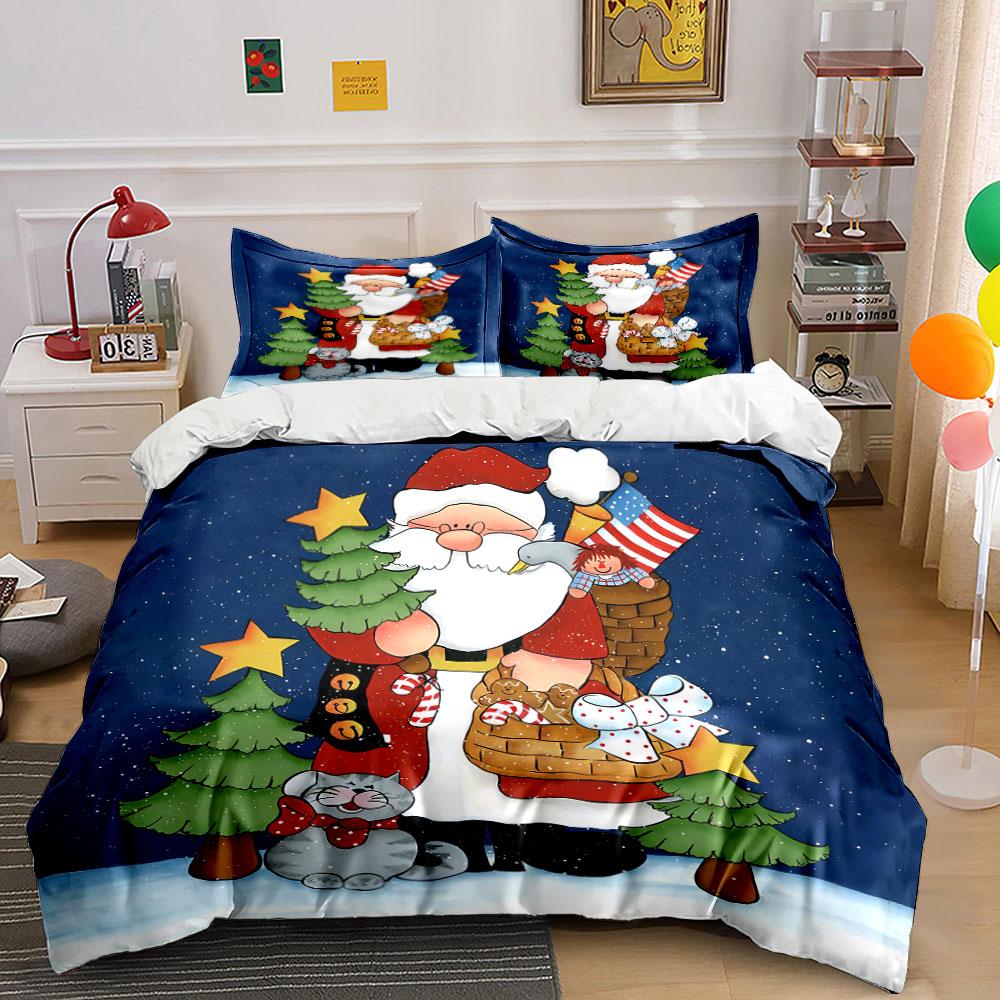 Santa and Cat Christmas Design Bedding Duvet Cover Set Duvet Cover Pillowcases (1*Duvet Cover 2*Pillowcases, Without Duvet Insert)
