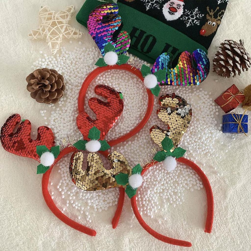 Handmade High-End Christmas Reindeer Antler Sequin Headband and Santa Hat - Cute Festive Hair Accessories