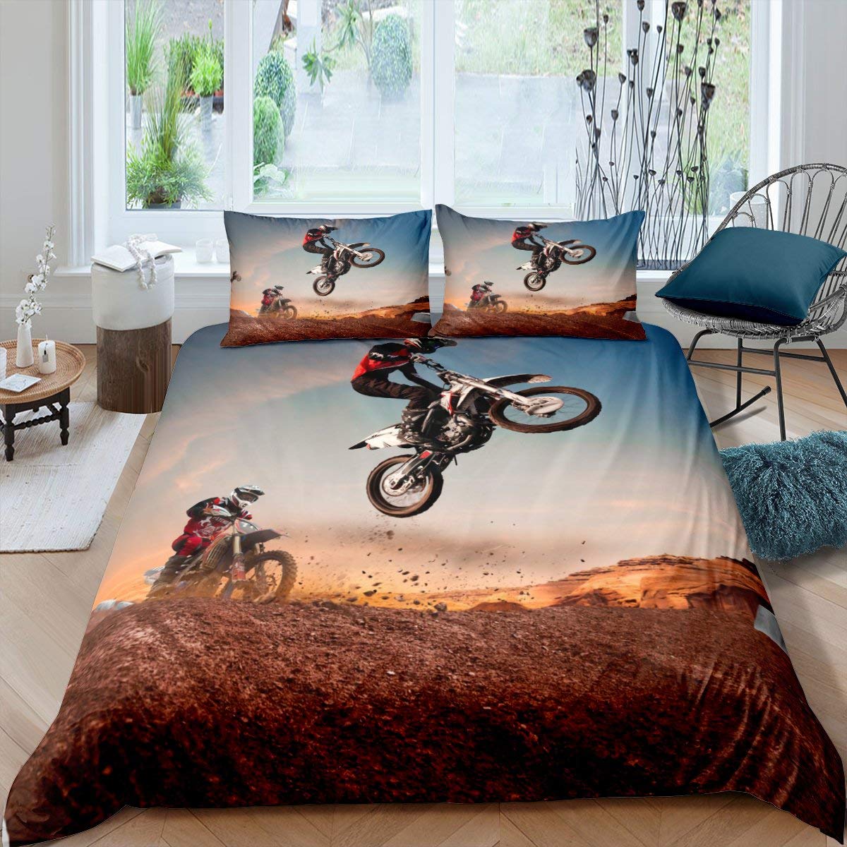 Motorfiets Dekbedovertrek Set Eenpersoons Maat Motocross Rijder Beddengoed Set Race Motorfiets Dirt Bike Extreme Sport Polyester Dekbedovertrek 200x200cm 3pcs