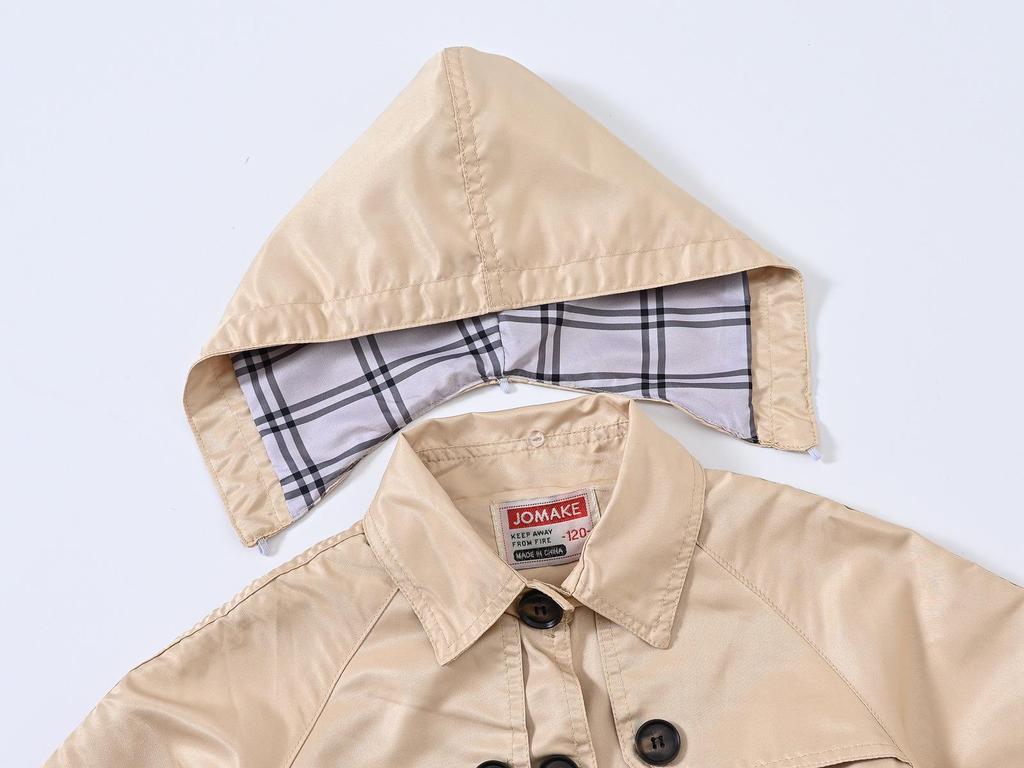 Girls' British Style Button Trench Coat with Detachable Hood - Waist-Defining, Solid Color, Mid-Length, Autumn Classic Fashion.