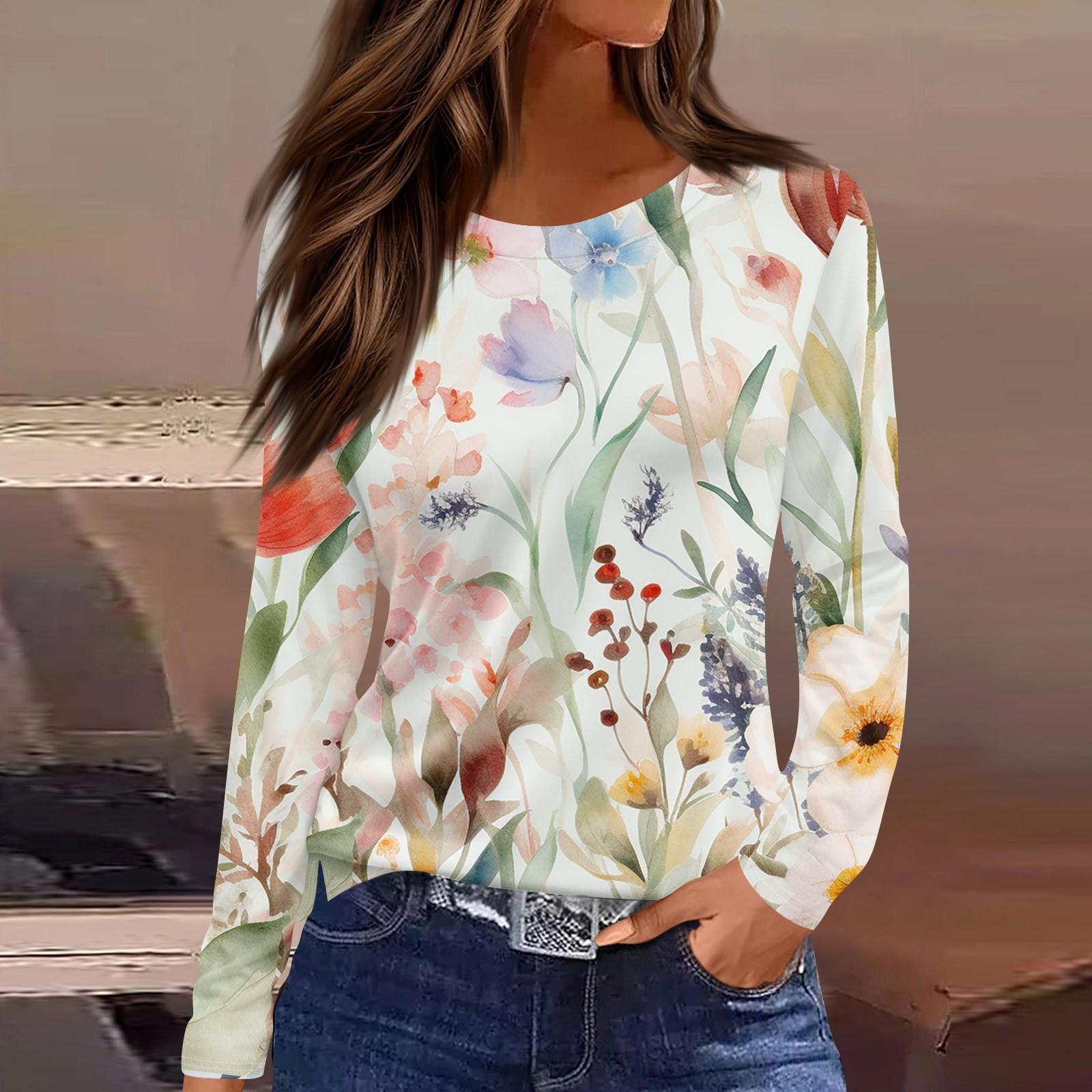 

Женская мода повседневный топ с цветочным принтом и круглым вырезом, длинными рукавами