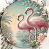 D Flat High Definition Metal Wall Art Tropical Fantasy Two Pink Flamingos Standing In Paradise with Exotic Palm Leaves and Bloo