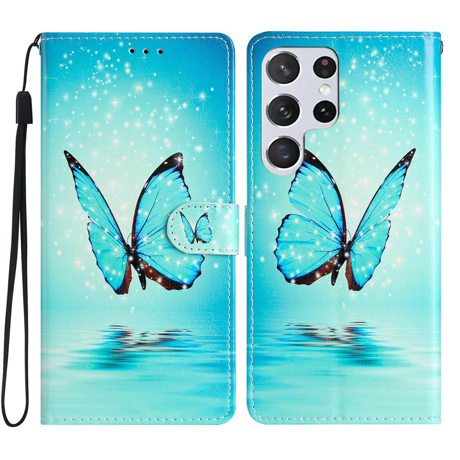 

For Samsung Galaxy S25 Ultra Wallet Case PU Leather Pattern Printing Stand Phone Cover with Strap Blue Butterfly