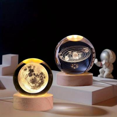 Crystal Ball Universe & Moon Night Light Combo Home Decor Gifts for Men, Women,Boys, Girls, Engraved Crystal Ball LED Night Lamp Wooden Base Ideal